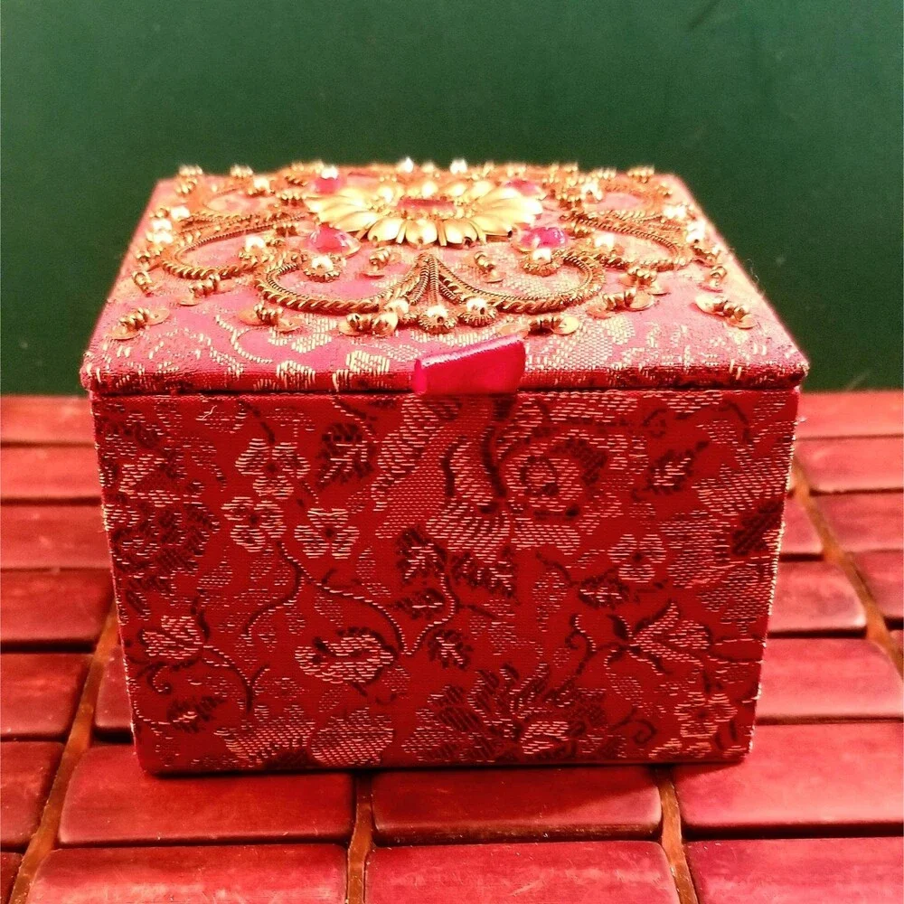 Jeweled & Embellished Red Silk Brocade Jewelry Trinket Box 4
